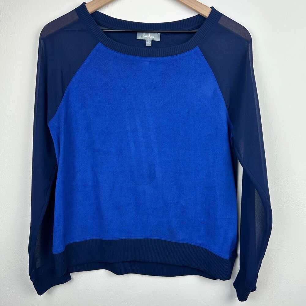 Neiman Marcus Sweater Womens Small Blue Sheer Microsuede Nautical Soft Ladies